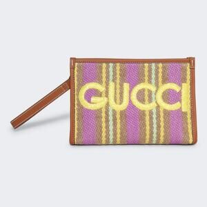 Gucci Multicolor Jute Pouch with Leather Trim NWT